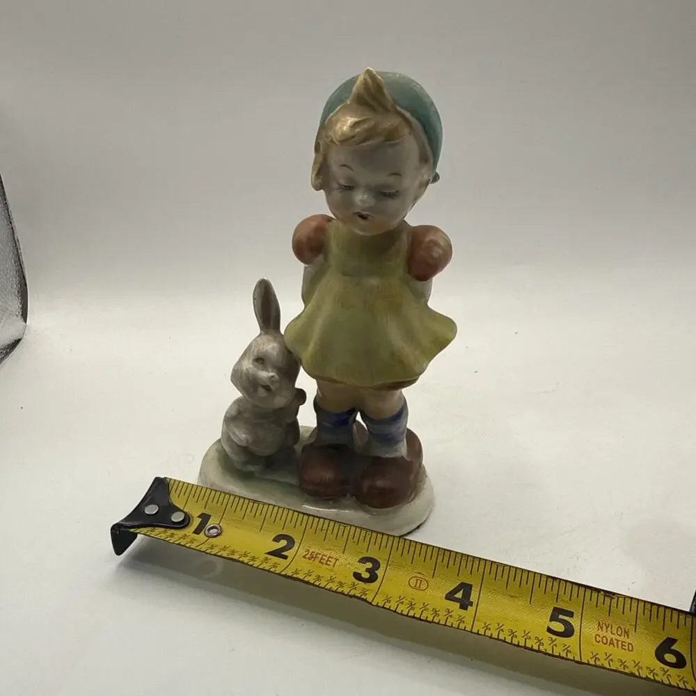 Hummel Style Figure Girl With Rabbit Bunny Ceramic Vintage Flower Figurine *